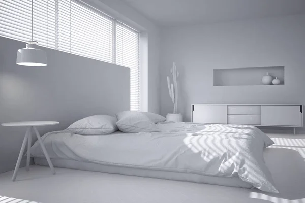 Загальний Білий Проект Білої Мінімалістичної Спальні Велике Вікно Венеціанськими Шторами — стокове фото