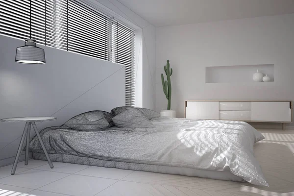 Proyecto Inacabado Boceto Dormitorio Minimalista Blanco Gran Ventana Con Persianas —  Fotos de Stock