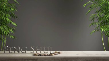Boş iç tasarım konsepti zen fikir, ahşap antika masa ya da raf mermer dengesi, yeşil bambu ve 3d harf kelime feng shui koyu gri arka plan kopya alanı üzerinde yapma ile