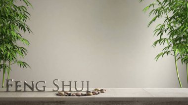 Boş iç tasarım konsepti zen fikir, ahşap antika masa ya da çakıl taşı ayarı, yeşil bambu ve 3d harf kelime feng shui boş beyaz arka plan kopya alanı üzerinde yapım ile raf