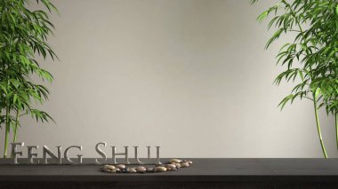 Boş iç tasarım konsepti zen fikir, ahşap antika masa ya da çakıl taşı ayarı, yeşil bambu ve 3d harf kelime feng shui boş beyaz arka plan kopya alanı üzerinde yapım ile raf
