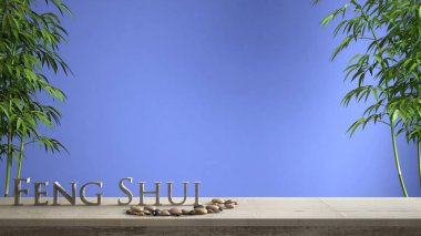 Boş iç tasarım konsepti zen fikir, ahşap antika masa ya da çakıl taşı ayarı, yeşil bambu ve 3d harf kelime feng shui mavi arka plan kopya alanı üzerinde yapım ile raf
