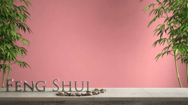 Boş iç tasarım konsepti zen fikir, ahşap antika masa ya da çakıl taşı ayarı, yeşil bambu ve 3d harf kelime feng shui pembe arka plan kopya alanı üzerinde yapım ile raf