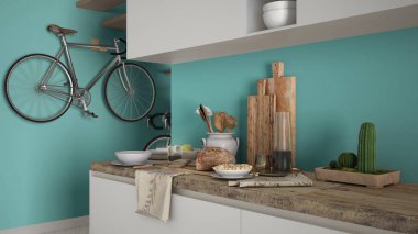 Minimalist modern mutfak yakın çekim sağlıklı kahvaltı, çağdaş beyaz ve turkuaz iç tasarım