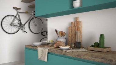 Minimalist modern mutfak yakın çekim sağlıklı kahvaltı, çağdaş beyaz ve turkuaz iç tasarım