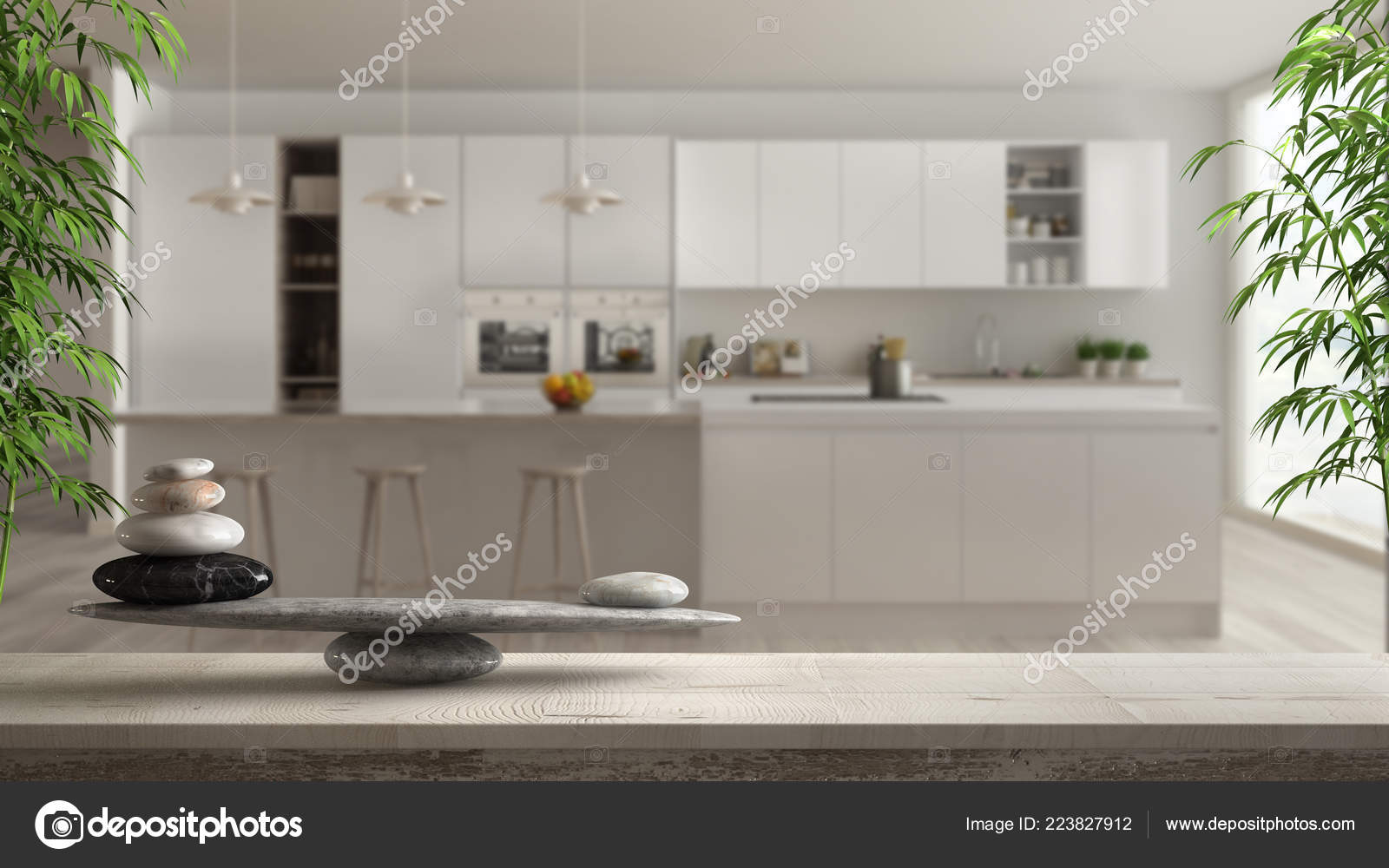 Wooden Vintage Table Shelf Stone Balance Blurred White