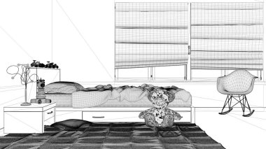 İç tasarım projesi, siyah ve beyaz mürekkep kroki, mimari plan gösteren modern çocuk yatak odası tek kişilik yatak, minimalist mimari iç tasarım