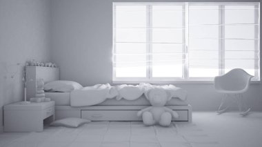 Toplam beyaz Proje modern çocuk yatak odası tek kişilik yatak, oyuncaklar ve panoramik penceresinde, çağdaş iç tasarım