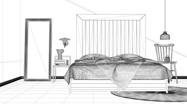 İç tasarım projesi, siyah ve beyaz mürekkep kroki, mimari plan gösteren modern yatak odası, yatak Ahşap karyola, minimalist mimari iç tasarım