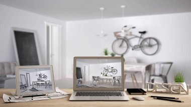 Tasarımcı masaüstü kavramı, dizüstü ve tablet ahşap çalışma masası üzerinde iç mimari proje ve Cad kroki, bulanık taslak modern oturma odası arka planda gösterilen ekran ile Mimar