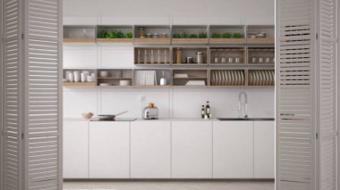 Beyaz katlanır kapı açılış modern lüks çağdaş minimalist beyaz ve ahşap mutfak, iç tasarım, mimar tasarımcı kavramı, arka plan bulanıklık
