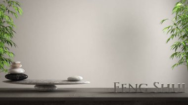 Boş iç tasarım konsepti zen fikir, ahşap antika masa ya da raf mermer taş dengesi ve 3d harf kelime feng shui boş beyaz arka plan kopya alanı üzerinde yapma ile