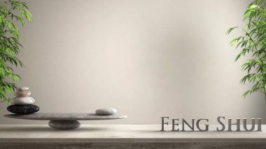 Boş iç tasarım konsepti zen fikir, ahşap antika masa ya da raf mermer taş dengesi ve 3d harf kelime feng shui boş beyaz arka plan kopya alanı üzerinde yapma ile