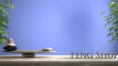 Boş iç tasarım konsepti zen fikir, ahşap antika masa ya da raf mermer taş dengesi ve 3d harf kelime feng shui mavi arka plan kopya alanı üzerinde yapma ile