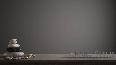 Boş iç tasarım konsepti zen fikir, ahşap antika masa ya da raf Mermer çakıl dengesi ve 3d harf kelime feng shui uzay kopya koyu gri arka plan üzerinde yapma ile