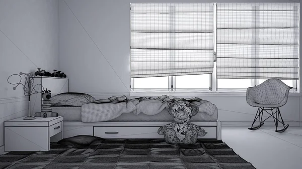 Незавершенный Проект Современной Детской Спальни Односпальной Кроватью Игрушками Панорамным Окном — стоковое фото