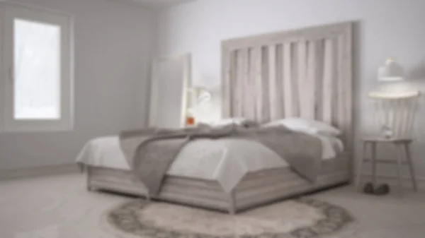 Θάμπωμα Φόντου Εσωτερικό Σχεδιασμό Σύγχρονο Υπνοδωμάτιο Κρεβάτι Ξύλινο Κεφαλάρι Κομψή — Φωτογραφία Αρχείου