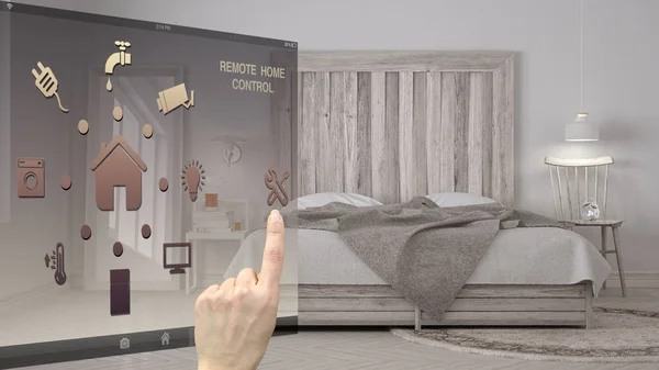 スマート ホーム コントロールの概念 スカンジナビア風 建築インテリア デザインのモバイル アプリ バック グラウンド表示ヴィンテージ寝室からデジタル インターフェイスを制御する手 — ストック写真