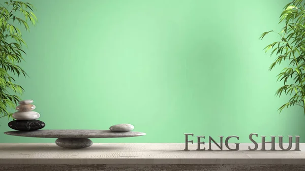 空のインテリア デザインのコンセプトの禅の考え 木製のビンテージ テーブルや大理石の石のバランスと の文字が単語の風水をかけて緑の背景コピー スペース棚 — ストック写真