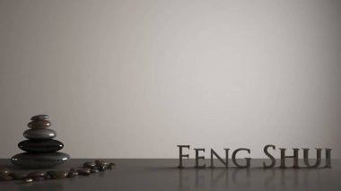 İç tasarım konsepti zen fikir, beyaz masa ya da raf çakıl dengesi ve 3d harfler beyaz boş geçmiş Kopyala alan üzerinde kelime feng shui yapma ile boş