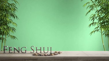 Boş iç tasarım konsepti zen fikir, ahşap antika masa ya da çakıl taşı ayarı, yeşil bambu ve 3d harf kelime feng shui yeşil arka plan kopya alanı üzerinde yapım ile raf