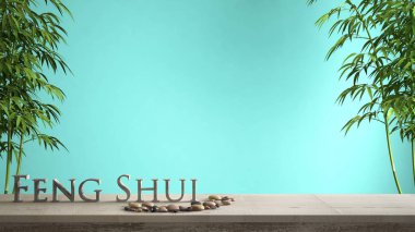 Boş iç tasarım konsepti zen fikir, ahşap antika masa ya da çakıl taşı ayarı, yeşil bambu ve 3d harf kelime feng shui turkuaz arka plan kopya alanı üzerinde yapım ile raf
