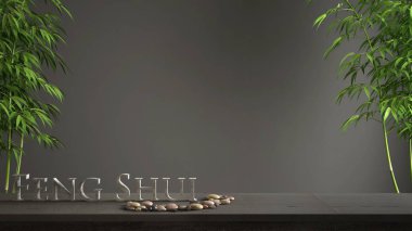 Boş iç tasarım konsepti zen fikir, ahşap antika masa ya da çakıl taşı ayarı, yeşil bambu ve 3d harf kelime feng shui koyu gri arka plan kopya alanı üzerinde yapım ile raf