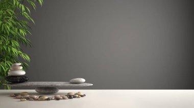 Boş iç tasarım feng shui kavramı zen fikir, beyaz masa veya koyu gri arka plan kopya alanı üzerinden çakıl denge ve yeşil bambu ile raf