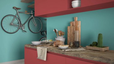 Minimalist modern mutfak çağdaş kırmızı ve turkuaz iç tasarım renkli sağlıklı kahvaltı ile yakından