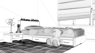 İç tasarım projesi, siyah ve beyaz mürekkep kroki, mimari plan gösteren modern çocuk yatak odası tek kişilik yatak, minimalist mimari iç tasarım