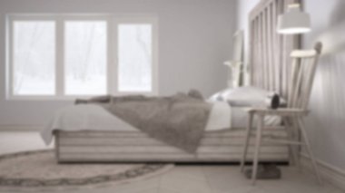 Arka plan iç tasarım, modern yatak odası bulanıklık, Ahşap karyola, İskandinav beyaz Eko şık mimarisi ile yatak