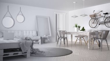 Tamamlanmamış proje taslak, DIY palet kanepe ve vintage yemek masası, çağdaş mimari iç tasarım İskandinav minimalist oturma odası