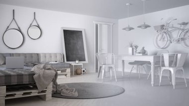 Tamamlanmamış proje taslak, DIY palet kanepe ve vintage yemek masası, çağdaş mimari iç tasarım İskandinav minimalist oturma odası