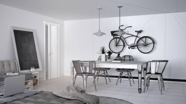 İskandinav minimalist oturma odası kanepe ve vintage yemek masası, çağdaş mimari iç tasarım ile tamamlanmamış proje taslağı