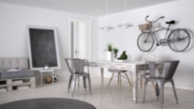 Arka plan dekorasyon, İskandinav minimalist oturma odası kanepe ve vintage yemek masası, çağdaş mimarisi ile bulanıklık