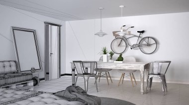 İskandinav minimalist oturma odası kanepe ve vintage yemek masası, çağdaş mimari iç tasarım ile tamamlanmamış proje taslağı