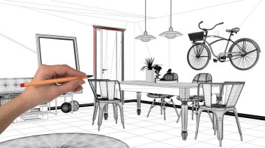 İç Tasarım Proje konsepti, el çizimi özel mimarisi, siyah ve beyaz mürekkep kroki, plan gösteren vintage yemek masası ile minimalist oturma odası
