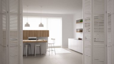 Beyaz katlanır kapı açılış modern lüks çağdaş minimalist beyaz ve ahşap mutfak, iç tasarım, mimar tasarımcı kavramı, arka plan bulanıklık