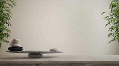Boş iç tasarım konsepti, feng shui, zen fikir, ahşap antika masa ya da boş beyaz arka plan kopya alanı üzerinde mermer taş denge ile raf