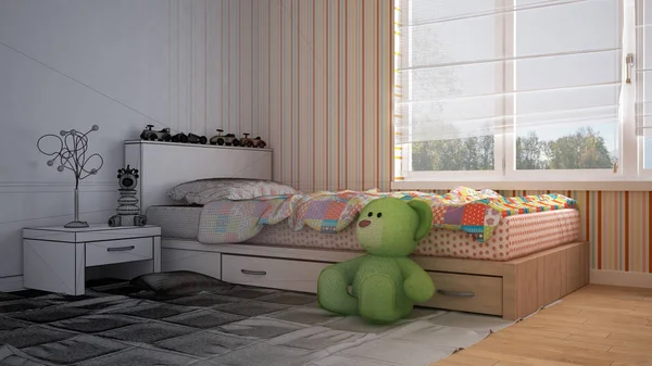 Unfinished draft project of modern child bedroom with single bed, toys and panoramic window, contemporary interior design