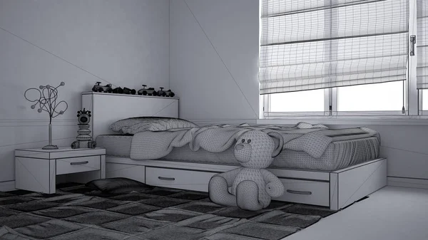 Unfinished draft project of modern child bedroom with single bed, toys and panoramic window, contemporary interior design