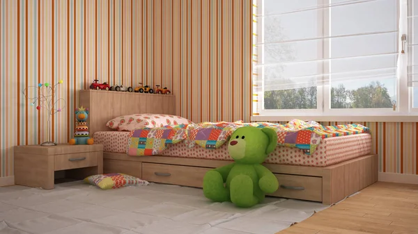 Quarto Infantil Moderno Colorido Com Cama Solteiro Brinquedos Janela Panorâmica — Fotografia de Stock