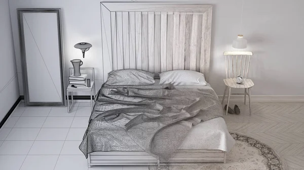 Tamamlanmamış Proje Taslak Çağdaş Yatak Odası Yatak Ahşap Karyola Skandinav — Stok fotoğraf