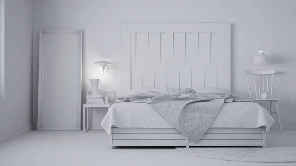 Полный Белый Проект Современной Спальни Кровать Деревянными Изголовьями Скандинавский Белый — стоковое фото