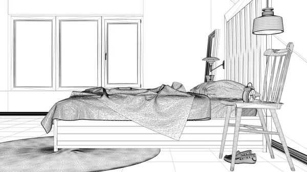 Εσωτερικό Σχεδιασμό Έργου Μαύρο Και Άσπρο Μελάνι Σκίτσο Αρχιτεκτονική Σχεδιάγραμμα — Φωτογραφία Αρχείου