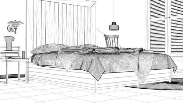 インテリア デザイン プロジェクト 黒と白インク スケッチ アーキテクチャの青写真を示す現代寝室ベッド木製のヘッドボード ミニマルな建築インテリア デザイン — ストック写真