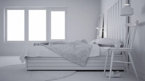 Proyecto Blanco Total Dormitorio Contemporáneo Cama Con Cabecera Madera Escandinavo —  Fotos de Stock