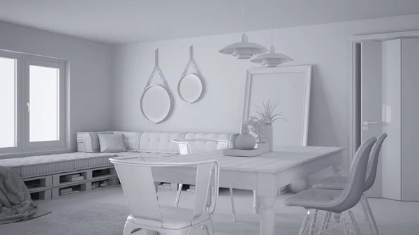 Total White Project Scandinavian Minimalistic Living Room Diy Pallet Sofa — Stock Photo, Image