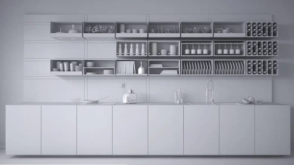 Proyecto Blanco Total Cocina Minimalista Primer Plano Diseño Interiores Arquitectura — Foto de Stock