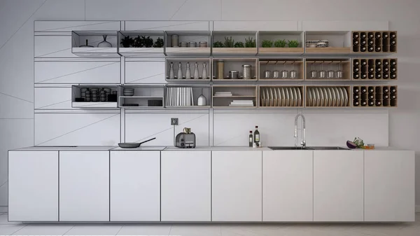 Незавершенный Проект Проекта Минималистская Кухня Современный Дизайн Интерьера Архитектуры — стоковое фото